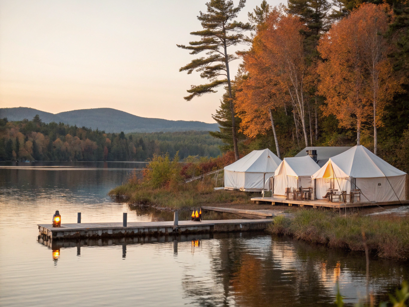 Illuminated luxury glamping dome tents on an alpine resort ridge at dusk