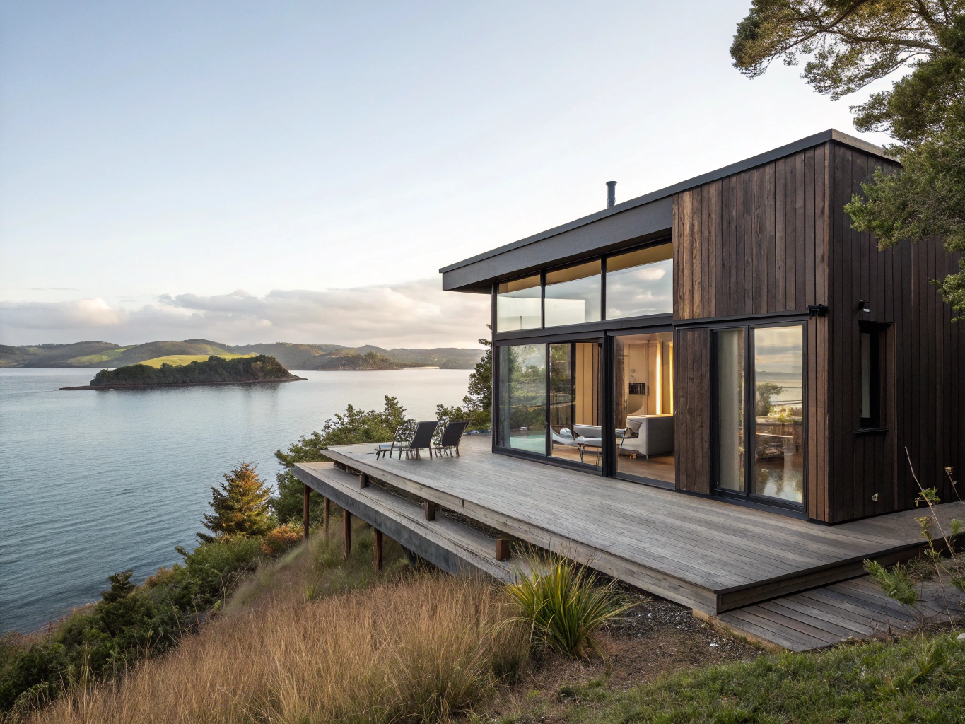 Luxury custom lodge with glazed facade and tensile fabric roof
