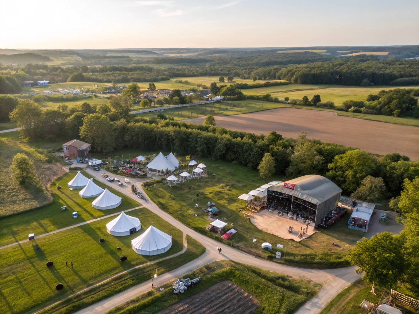 Aerial panoramic drone view of a complete luxury glamping resort with lit tents and wooden boardwalks at twilight