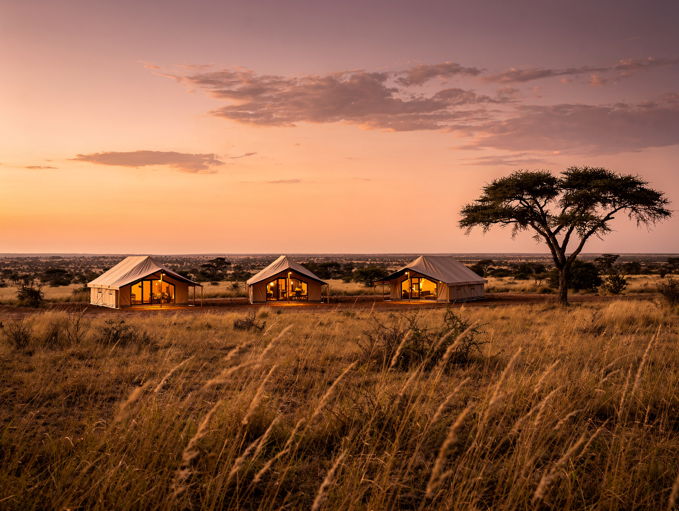 Featured resort installation projects in UAE - Desert tented villas at twilight