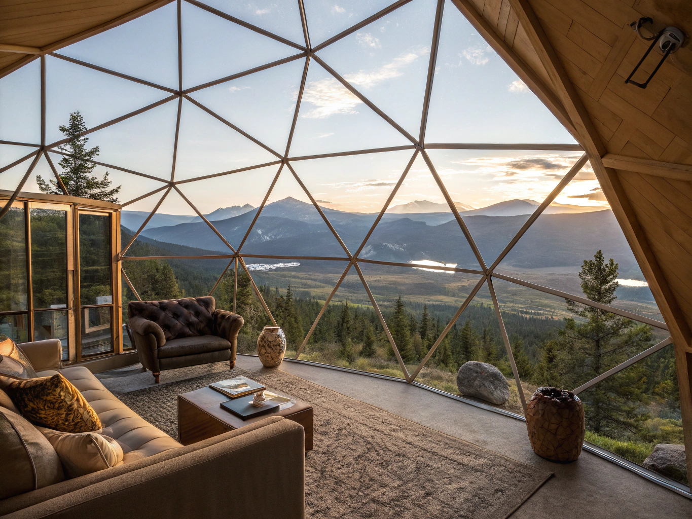 6-meter geodesic eco-dome resort guest bedroom interior with en-suite bath and king bed