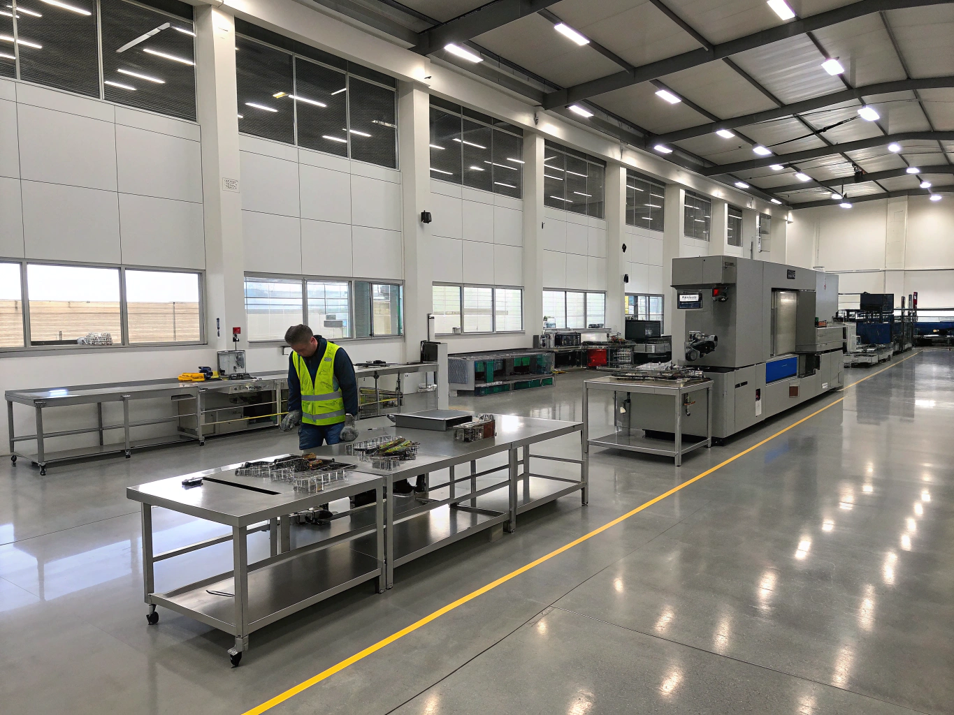 SENLIGHT factory workshop with technicians operating automated CNC machinery and fabric welding bays