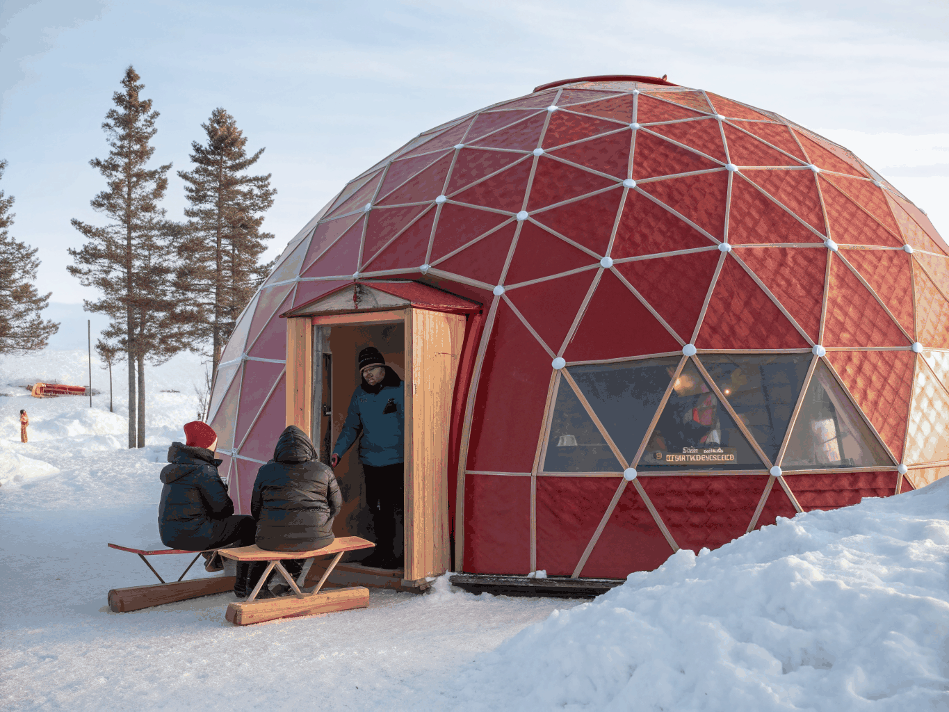 Illuminated geodesic dome tents surrounded by deep winter snow at an alpine resort in Japan