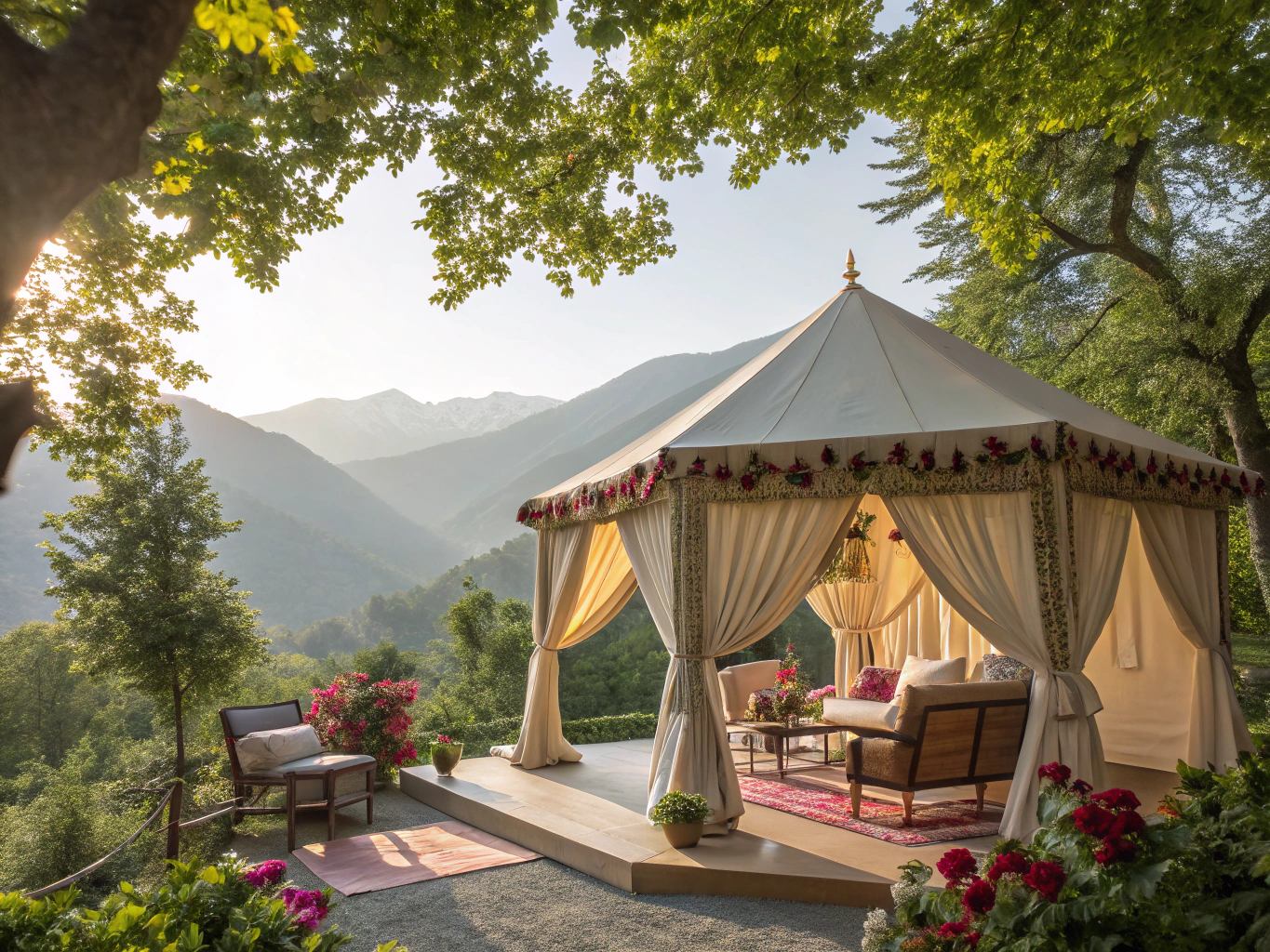 Multi-peak luxury tented hotel pavilion in an authentic resort landscape