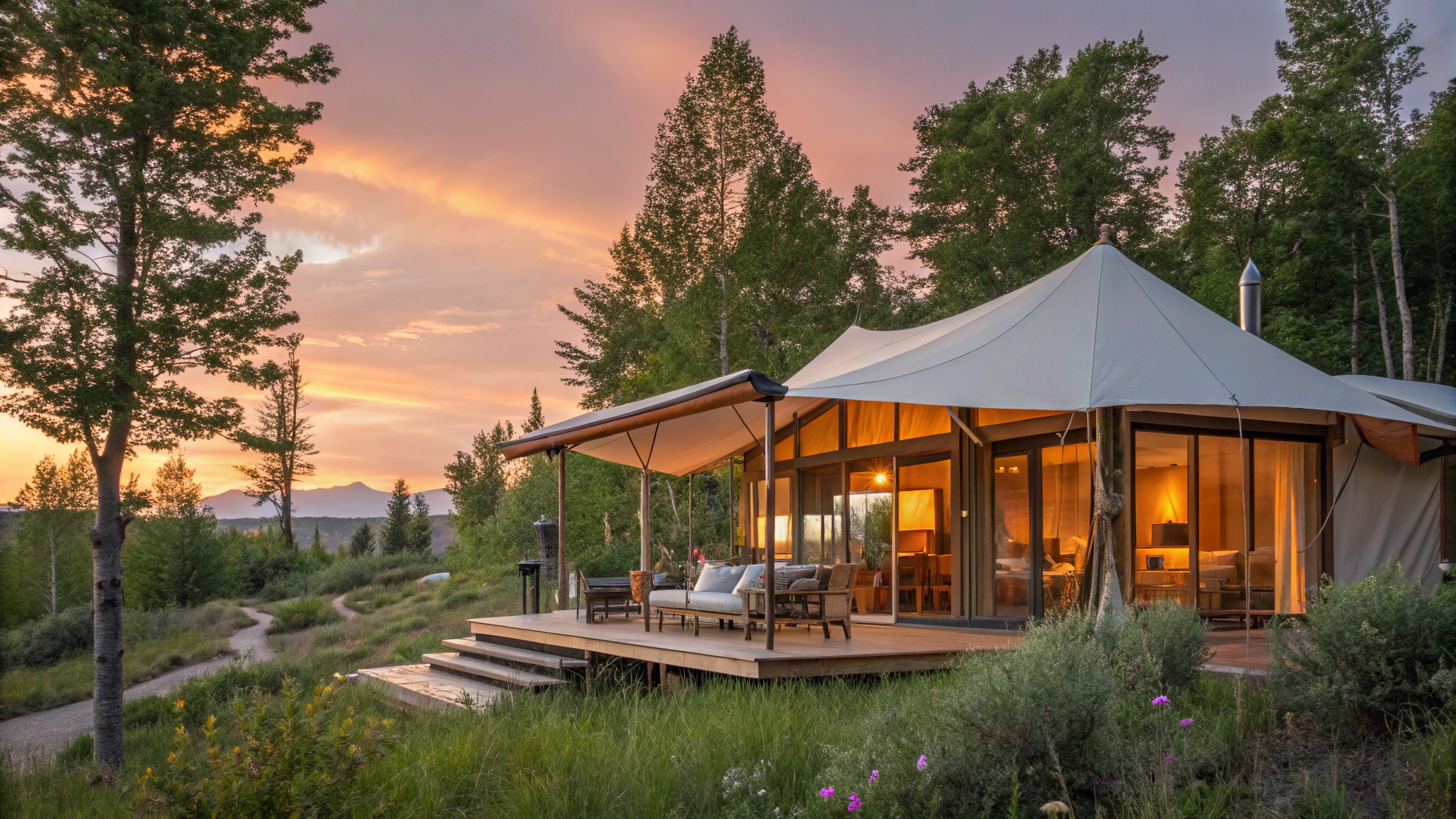 Luxury safari tent on raised timber deck in a dense forest setting