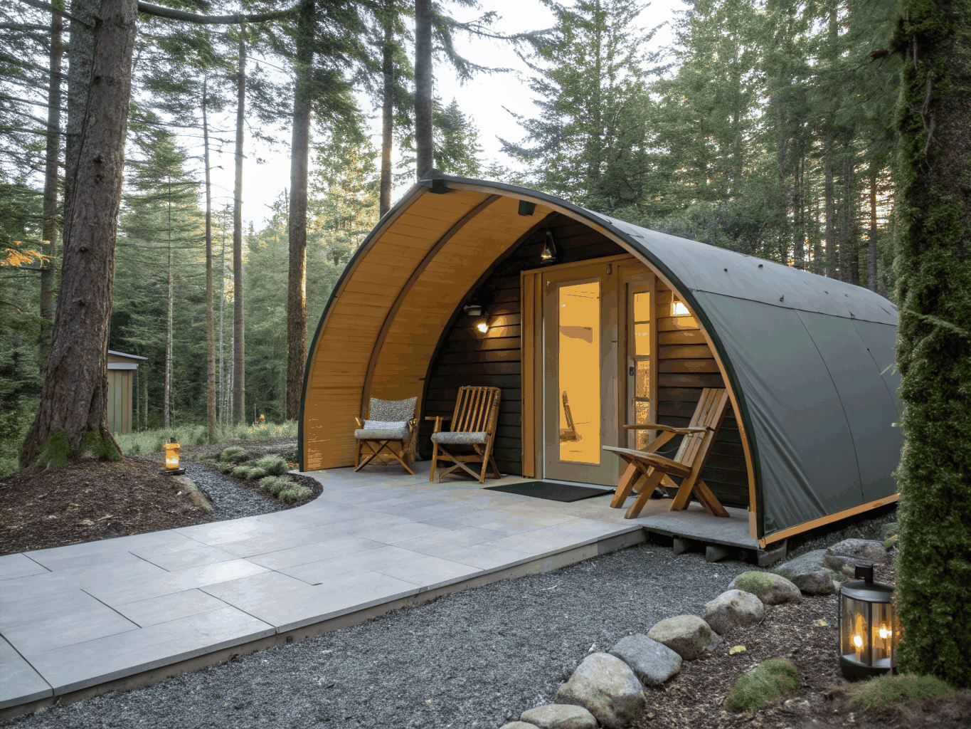 Curved cocoon luxury suite tent with tensioned architectural fabric and panoramic deck overlooking natural landscape