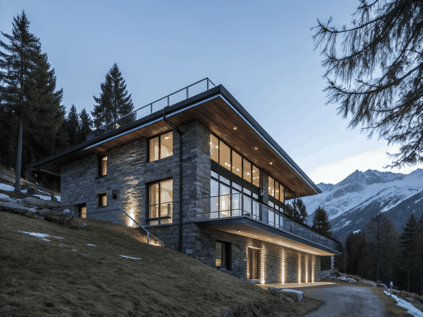Double-peak tensile roof villa pavilion tent with glass curtain walls and evening ambient interior lighting