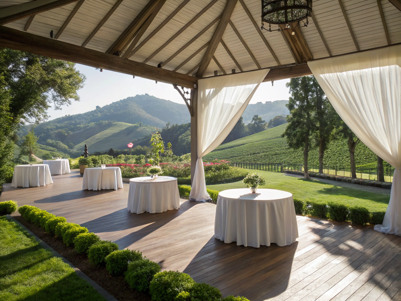 Large architectural clear-span structure tent set against Andean mountain vineyard foothills