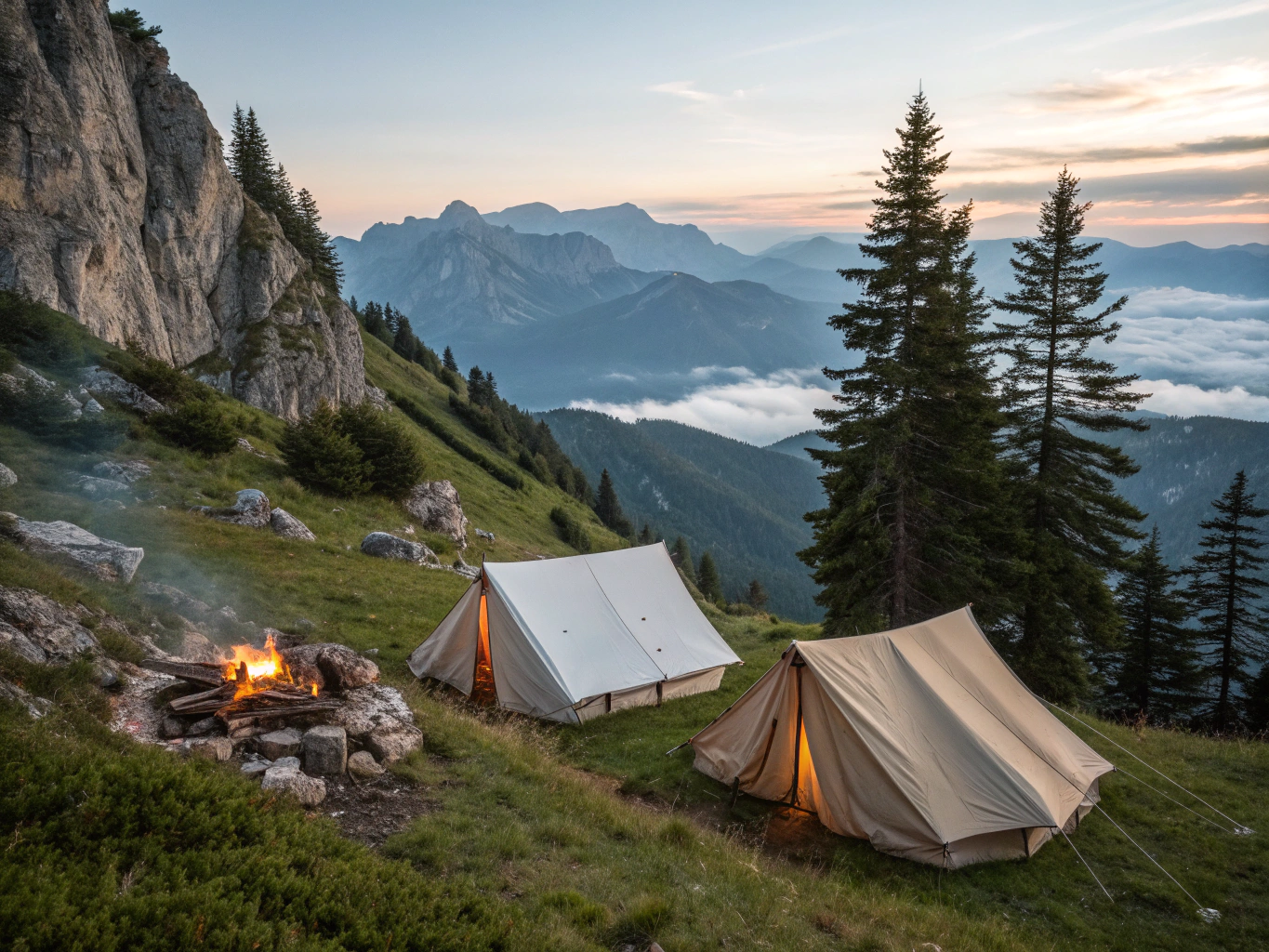 Twilight photograph of a completed luxury mountain glamping resort installation
