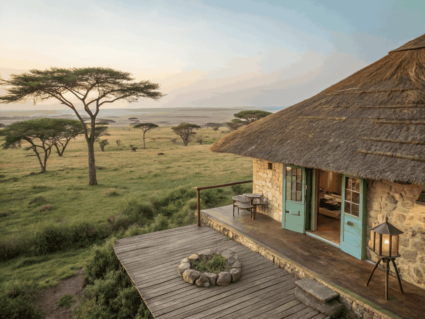 Safari tent lodge installed on elevated timber decking during warm dusk
