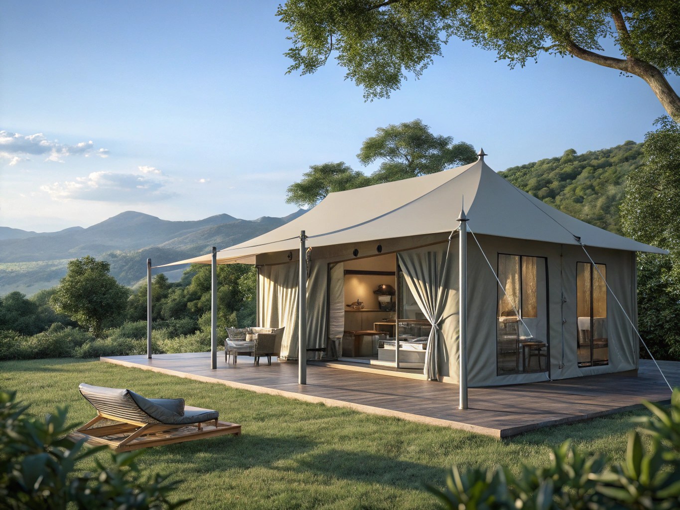 Arcum curved roof modular clear-span tent installation at luxury eco-resort