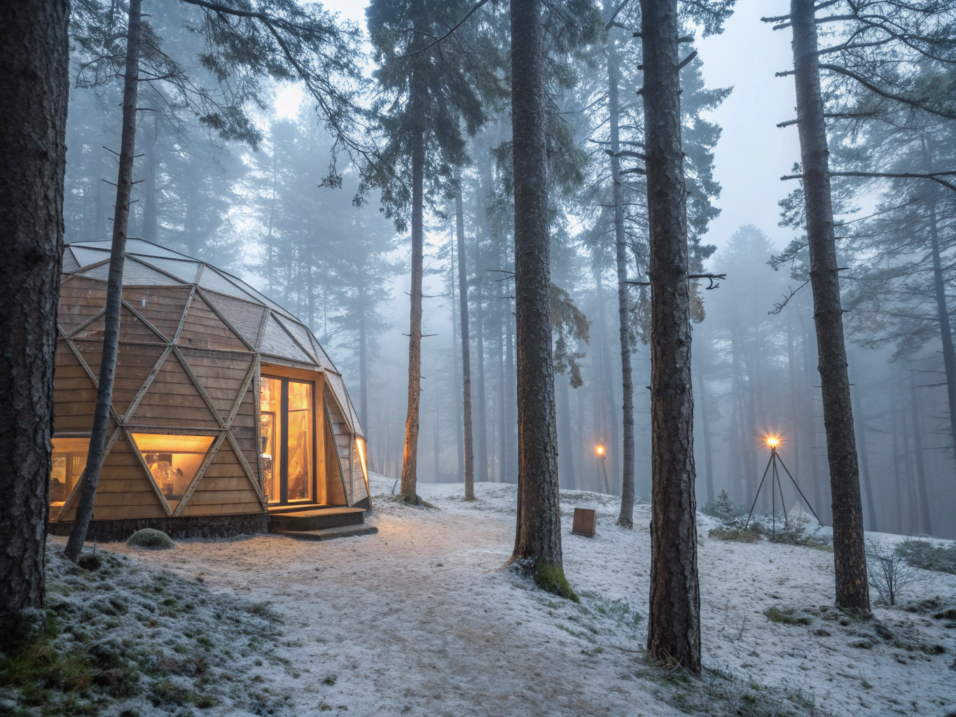 Geodesic dome tents illuminated against snowy Arctic forest in Tromsø Norway