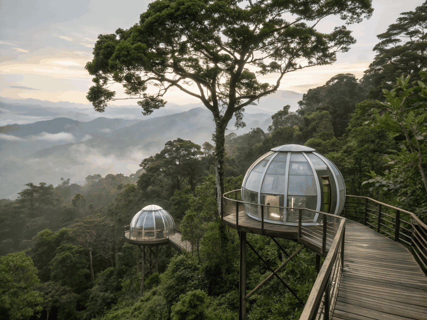 Luxury peak glamping villas nestled amidst lush tropical rainforest canopy in Bali