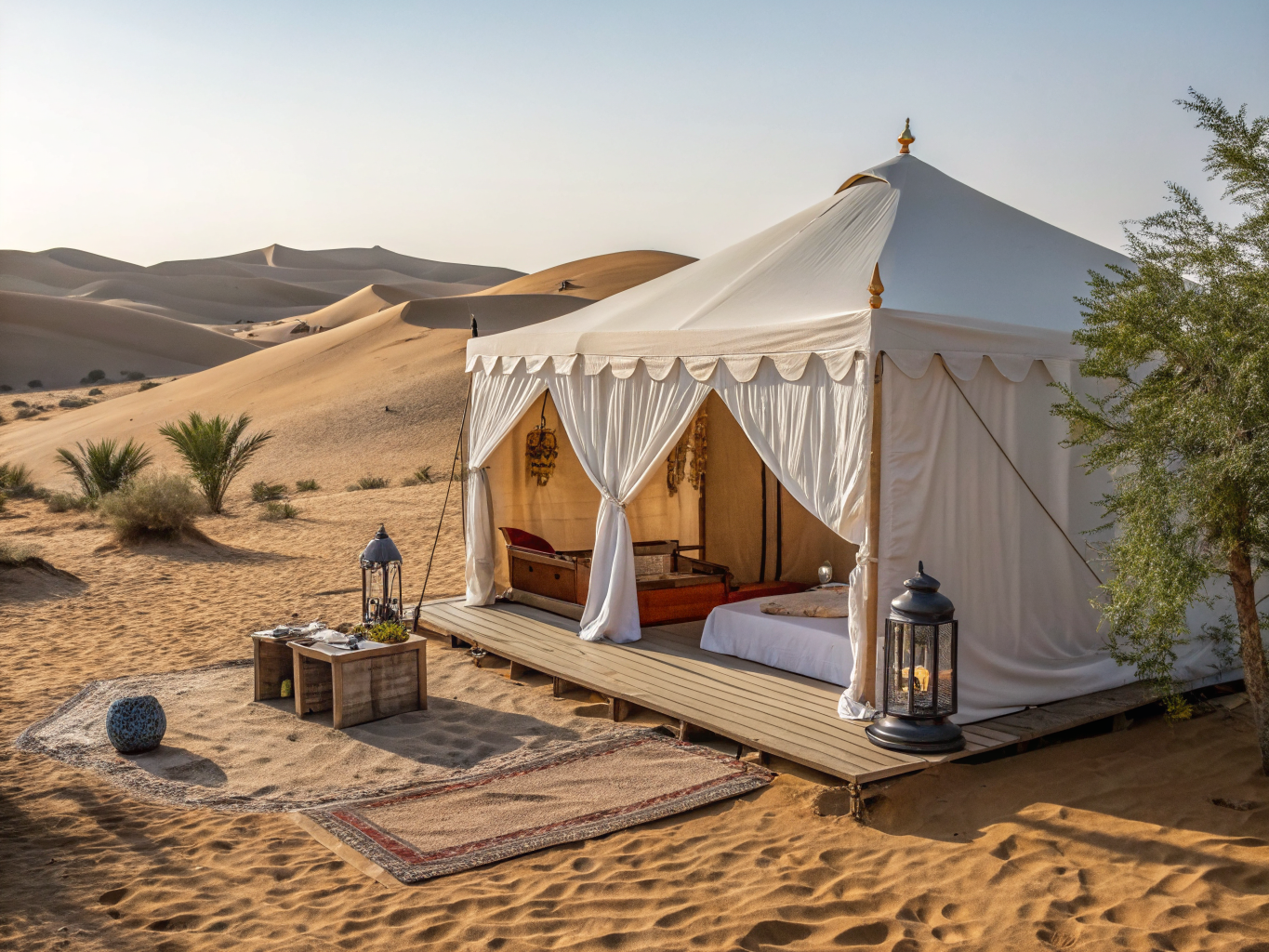Luxury safari lodges and large dining dome situated on red sand desert in Jordan